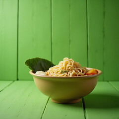 Bowl of Asian Noodle Soup with Vegetables on Bright Green Wooden Background