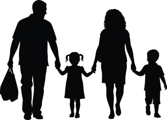 Silhouette of loving family walking together, parents with children holding hands, father carrying shopping bags, family bonding, parenting lifestyle, unity, love, happiness, togetherness, care