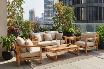 Fototapeta premium Urban Oasis: Tranquil Rooftop Terrace with Modern Teak Furniture