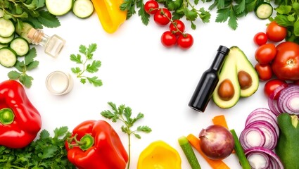 Fresh vegetables and oils arranged artfully on a white background