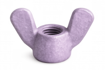 Close-up of a purple wing nut fastener isolated on a transparent background, showcasing its unique design for easy hand-tightening