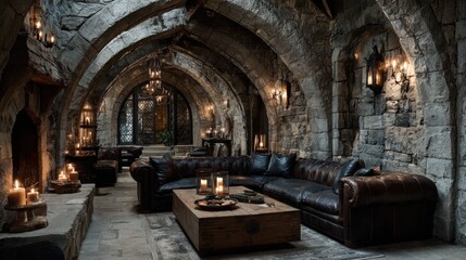 Obraz premium Charming Gothic-Inspired Medieval Living Room Featuring Rough Stone Walls and Elegant Archway Details Evoking Timeless Sophistication and Warmth