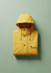Yellow Hooded Raincoat Folded on Light Green Background