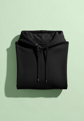 Black Hoodie Folded on Light Green Background Minimalist Casual Clothing