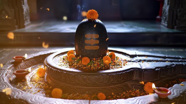 Pradosh Vrat temple background, glowing Shiva Lingam with diya lamps and marigold petals