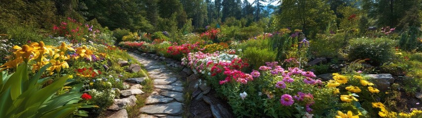 Vibrant floral pathway nature hdr panorama