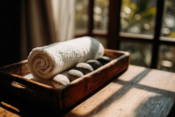 Rolled white towel and stones on wooden tray by window