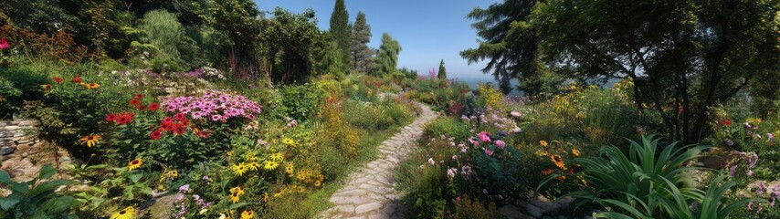 Fototapeta premium Vibrant garden pathway nature hdr panorama