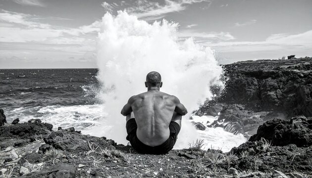 Dramatic black and white of a man watching a colossal wave crash on a rocky shoreline.