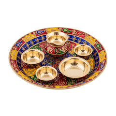 Exquisite Indian Puja Thali set vibrant enamel and brass for religious ceremonies and cultural celebrations