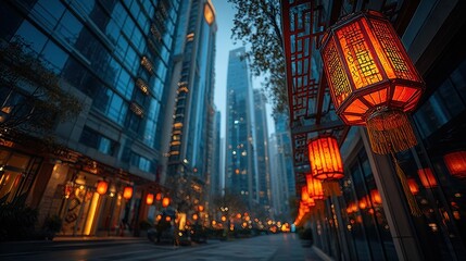 Majestic Low Angle View of Modern Glass and Steel Skyscrapers Towering Above a Bustling Cityscape Evoking Ambition and Urban Energy