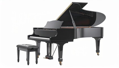 High-quality image of a sleek black grand piano with a matching bench, perfect for music-themed projects.