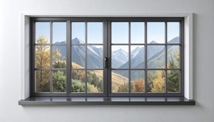 A picturesque view of mountains and autumn trees through a modern window, showcasing a tranquil and scenic landscape.