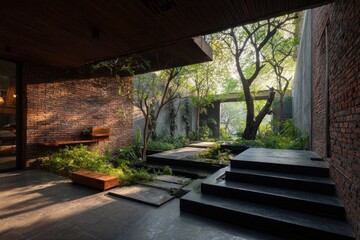 Fototapeta premium Serene Brick Courtyard Garden: Tranquil Oasis of Natural Beauty