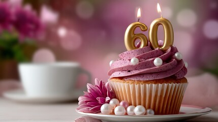 Celebratory Cupcake with Pink Frosting and Sixty Birthday Candles on a Table