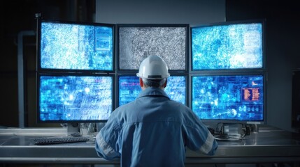 A technician monitoring computerized interfaces that control the recycling operations indicating the blend of human oversight and automation in the workflow.