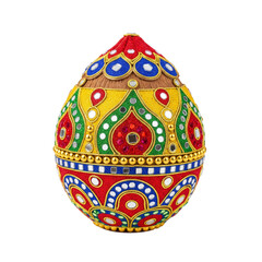 Vibrant decorated coconut colorful beads and mirrors, perfect for cultural celebrations and festive decor.