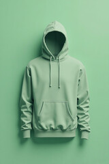 Mint Green Hoodie with Front Pocket and Drawstrings on Light Green Background