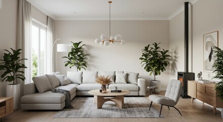 Modern Living Room Interior with Neutral Tones and Plants.