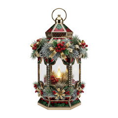 Elegant festive Christmas lantern glows warm light, adorned holly, berries, pine, and gold bows
