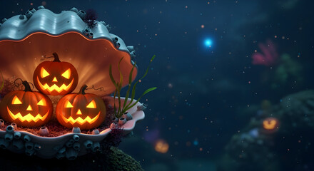 Naklejka premium Dive into a magical Halloween world! This stunning underwater scene with glowing pumpkins in a seashell is perfect for adding a touch of spooky fun to your designs.