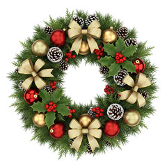 Elegant Christmas wreath golden bows, red ornaments, holly, and pinecones for festive decor
