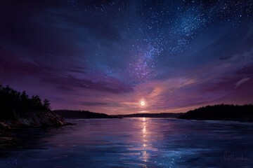 A serene coastal landscape bathed in the soft glow of a sunset, reflecting on a calm body of water under a starry night sky.
