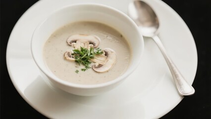 A bowl of cream of mushroom soup, garnished with mushroom slices and herbs, paired with a silver spoon, is delicate and tempting.
