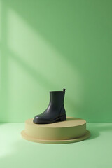 Black Rubber Boot on Cream Pedestal in Minimalist Green Studio