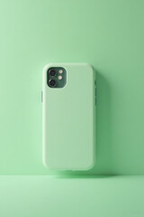 Light Green Smartphone Case on Green Surface in Minimalist Studio