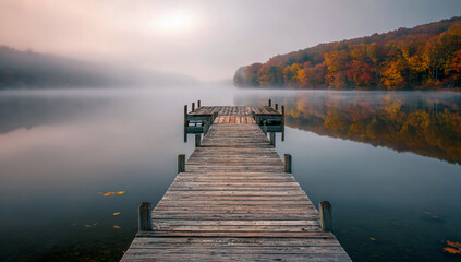Empty wooden pier extending into a misty lake with autumn foliage on the distant shore
