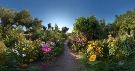 Vibrant floral pathway garden hdr panoramic view