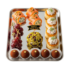 Elegant holiday appetizer platter salmon rolls, cheese balls, and chocolate truffles for celebrations.