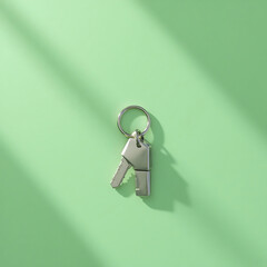 Silver Keychain with Two House-shaped Charms on Green Background