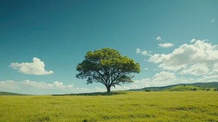 Fototapeta premium Solitary tree on grassy hilltop under partly cloudy sky