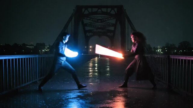 Two figures duel with glowing sabers on a bridge