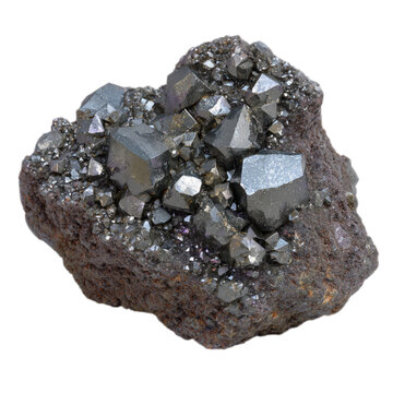 Photo of cluster of octahedral hematite crystals on a rock matrix isolated on transparent background