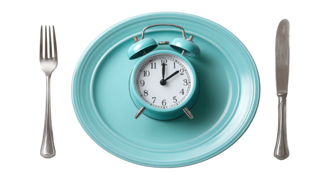 Intermittent fasting, lunchtime diet, and weight loss concept,t dinner plate with a fork and a knife as an alarm clock