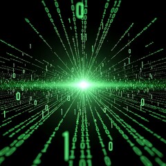 Obraz premium Digital Matrix Tunnel with Green Binary Code Flowing Towards Bright Light.