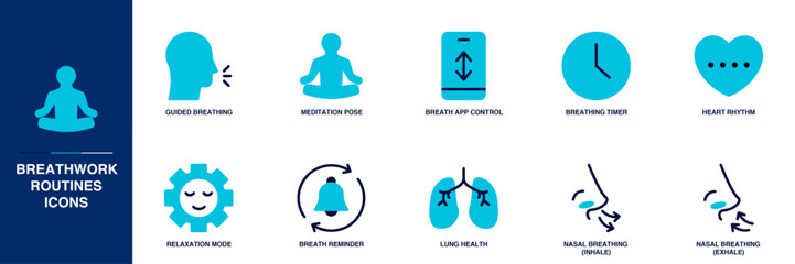 Breathwork Routines Blue Colored Outline Icon Set