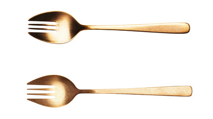 Golden sporks with shiny finish are displayed on transparency background, showcasing their elegant design
