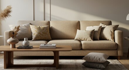 Fototapeta premium Cozy Living Room Interior with Sofa Pillows and Decor.