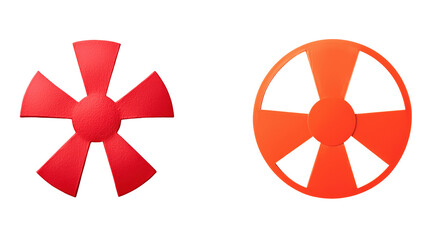 Red and orange abstract shapes resembling fan blades on transparency background. left shape has textured surface, while right is smooth