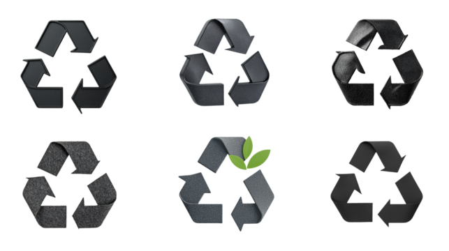 Six black recycling symbols with different textures and one with green leaf accent