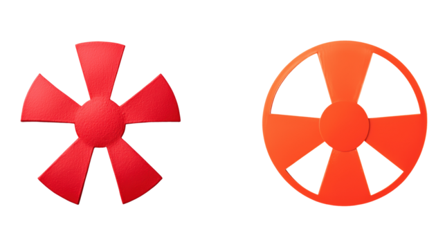 Red and orange abstract shapes resembling fan blades on transparency background. left shape has textured surface, while right is smooth
