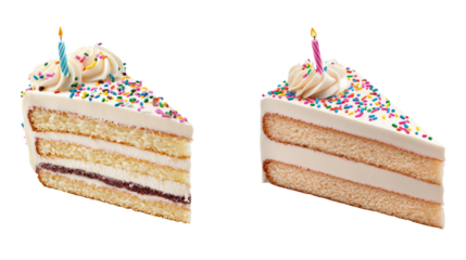 Two slices of layered birthday cake with colorful sprinkles and lit candles create festive atmosphere