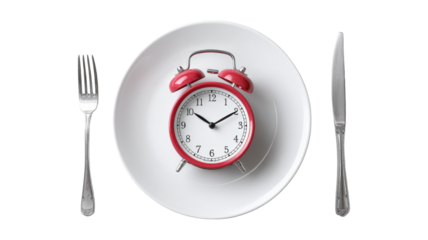 Intermittent fasting, lunchtime diet, and weight loss concept,t dinner plate with a fork and a knife as an alarm clock