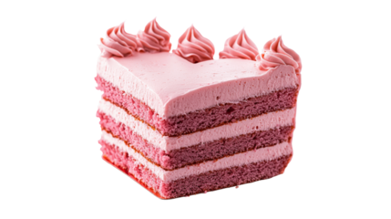 Slice of delicious pink layered cake with creamy frosting and decorative swirls on top