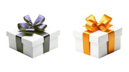 White gift boxes with elegant bows, one with black ribbon and other with orange ribbon, on transparency background