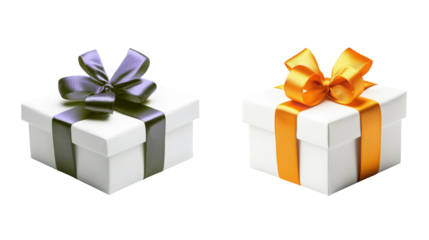 White gift boxes with elegant bows, one with black ribbon and other with orange ribbon, on transparency background